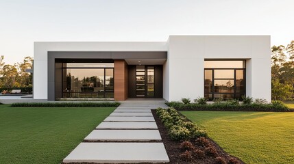 Modern suburban house with geometric patterns, sleek finishes, and a manicured lawn