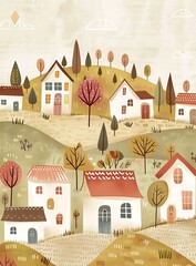 Wall Mural - Colorful Autumn Village Illustration