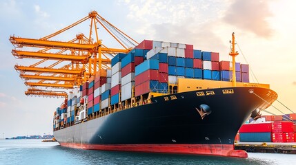 Container ship loaded with colorful cargo, docked at harbor under a bright sky.