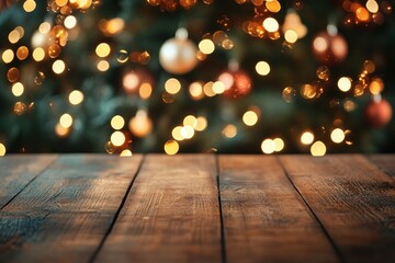 Glittering Christmas holiday background with empty wooden table in front with generative ai