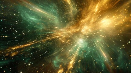 Wall Mural - Light aberration, breathtaking scene of cosmic energy, with golden and green light beams streaking across dark expanse, dynamic sense of motion and vastness of universe. beauty of cosmos