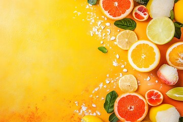 Wall Mural - Fresh Citrus Fruits On Yellow Background