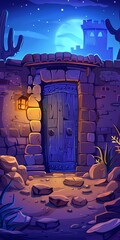 Sticker - Nighttime Fantasy Landscape with Wooden Door and Stone Wall