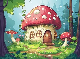 Wall Mural - Cute Mushroom House In A Forest