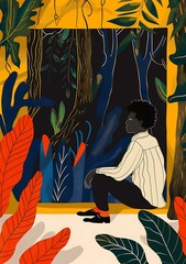 Man Sitting In Front Of Jungle Illustration