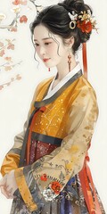 Wall Mural - A beautiful Korean woman in traditional dress