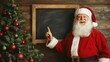 © olga_demina - Santa Claus pointing at a blank chalkboard in a holiday themed setting. Ideal for festive announcements and personal greetings.