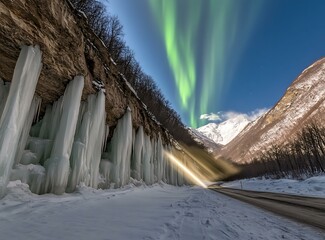 Canvas Print - Ice Icicles And Northern Lights In A Mountain Valley