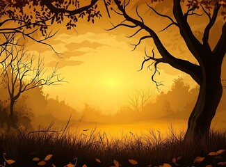 Wall Mural - Autumn Sunset Landscape With Trees And Grass