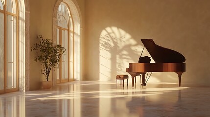 Wall Mural - Grand Piano in a Sunlit Room with Arch Windows