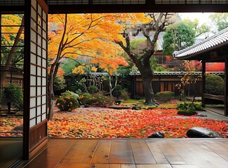 Wall Mural - Japanese Garden with Red and Yellow Autumn Leaves