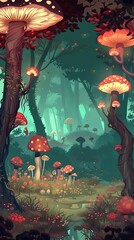 Wall Mural - Fantasy Forest Illustration with Red and White Mushrooms