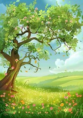 Springtime Meadow with Tree Illustration