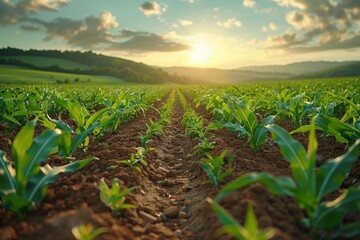 Cornfield at sunset with vibrant green plants and rich brown soil under a colorful sky in rural landscape