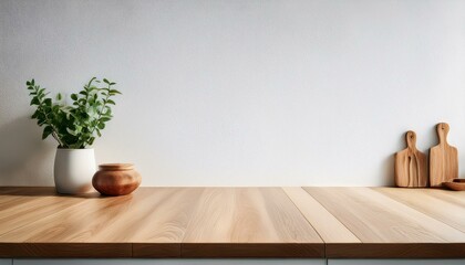 Wall Mural - Kitchen wooden countertop on white wall background