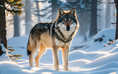 Wall Mural - a lone wolf standing in a snow-covered forest, mist rising from the ground