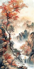 Sticker - Traditional Chinese Painting of Mountains and Trees