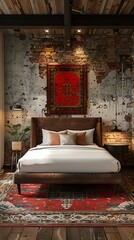 Wall Mural - A cozy bedroom with brick walls and a red carpet