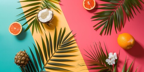 Wall Mural - Tropical Fruits and Palm Leaves on Colorful Background