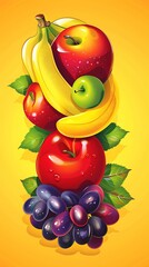 Wall Mural - Fresh Fruit Illustration With Banana Grapes And Apples