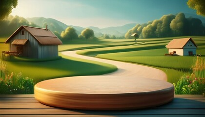 Empty podium against a green farm background for product presentation. Mockup platform with a village house and a road.