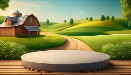 Empty podium against a green farm background for product presentation. Mockup platform with a village house and a road.