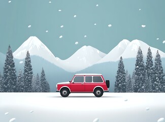 Wall Mural - Red Car on Snowy Mountain Road