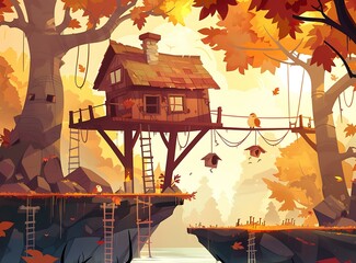 Wall Mural - Autumn Treehouse Landscape Illustration