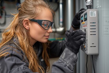 Technician at Work. Female technician in protective gear adjusts equipment.