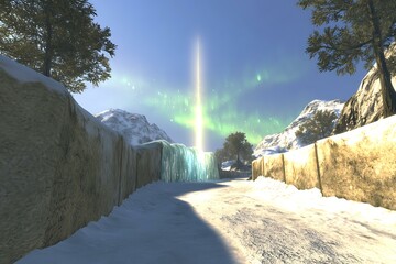 Wall Mural - Snowy Mountain Path with Aurora Borealis and Waterfall