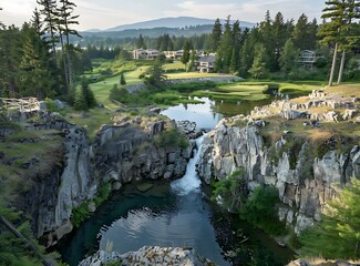 Wall Mural - Scenic Waterfall View Near a Golf Course