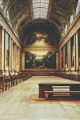 Poster - Empty Hallway With Paintings And Wooden Benches