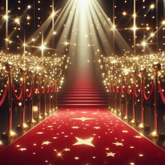 Wall Mural - Red carpet on stage illuminated by bright spotlight and lights creating an elegant atmosphere