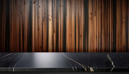 Black kitchen countertop on wooden wall panels made of vertical slats. Empty stone tabletop for luxury beauty and bar products presentation.