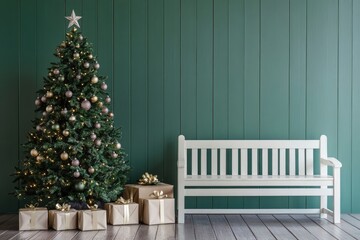 Grey bench and gift boxes under Christmas tree near green wall with generative ai