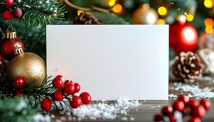 Wall Mural - Cozy Christmas Background Featuring Blank Horizontal White Card Mockup for Invitations and Greetings Presentation