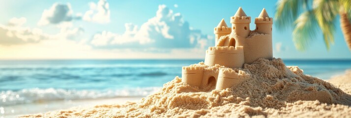 Wall Mural - A sand castle on the beach with a blue sky and palm tree background