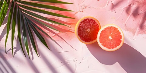 Wall Mural - Pink Background with Palm Leaf and Grapefruit Halves