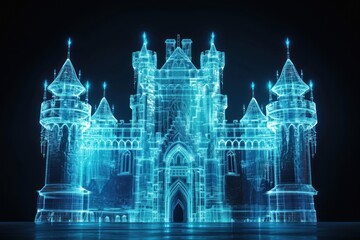 Wall Mural - Glowing wireframe of castle architecture futuristic building.