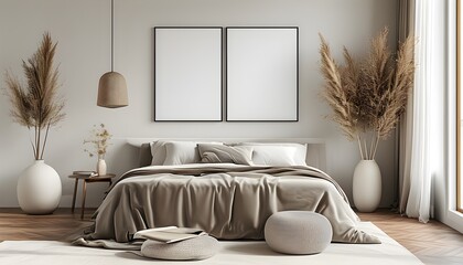 Wall Mural - Minimalist Bedroom Interior Featuring Empty Frame Mockup and Blank Canvas Poster Template