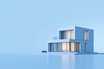 Modern minimalist house with large windows and a serene blue backdrop.