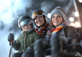 Family Enjoying Winter Snow Sports in Colorful Scarves and Gear