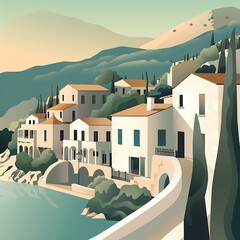 Canvas Print - Mediterranean Coastal Village Illustration