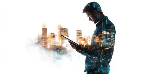 A man holding a tablet with a double exposure of a digital cityscape on a white background, a futuristic concept of technology and urban life.