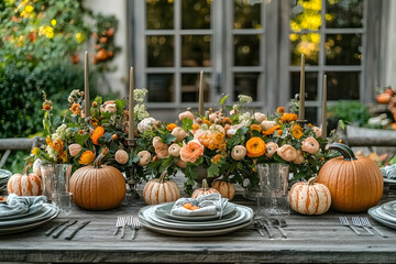 Sticker - Rustic autumn table setting with pumpkins and floral arrangements in an outdoor setting