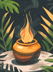 Wall Mural - Burning Incense Pot in Tropical Jungle Illustration