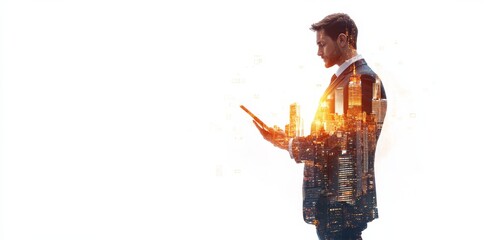 A man holding a tablet with a double exposure of a digital cityscape on a white background, a futuristic concept of technology and urban life.