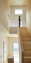 Canvas Print - Modern Wooden Staircase in a Minimalist Home