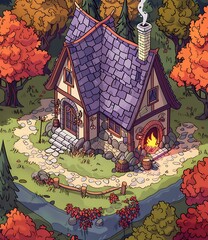 Wall Mural - Autumn Cottage Illustration with Stone Path and Stream