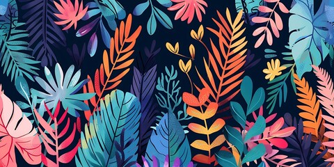 Canvas Print - Colorful Tropical Leaves Illustration Dark Background